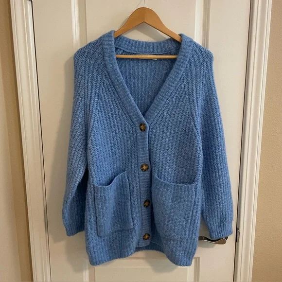 Zara Cardigan Sweater Chunky Grandpa Alpaca Blend Blue Heather Size Medium - Picture 3 of 10